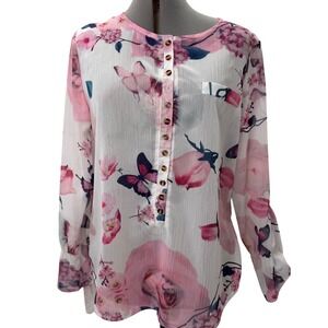 Floral Butterfly Print Blouse Sheer Romanticcore Fairycore Cottagecore Medium‎